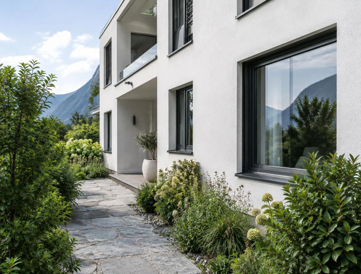 Inspiration : façade claire avec fenêtres et jardin