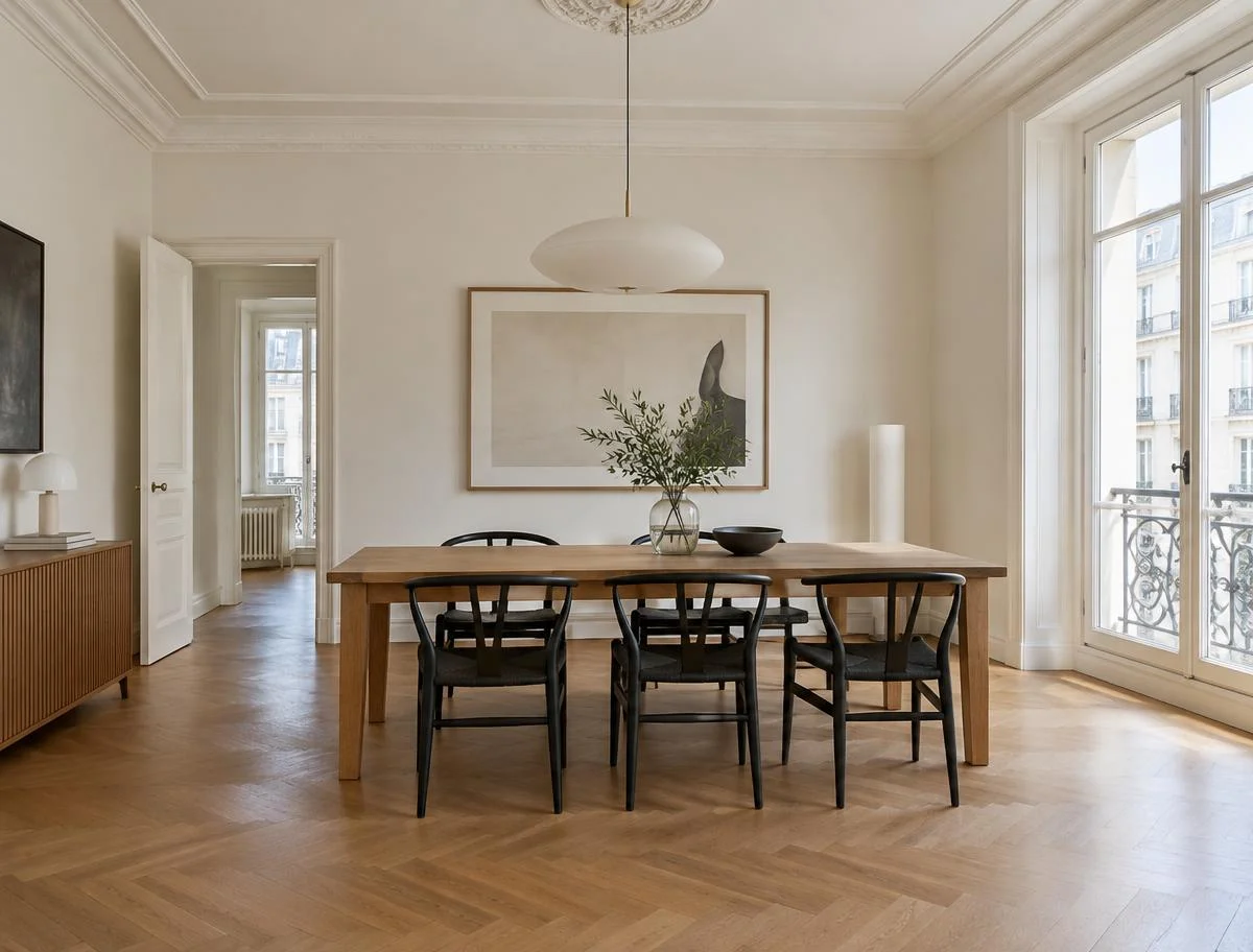 Inspiration : salle à manger avec murs enduits et moulures soignées
